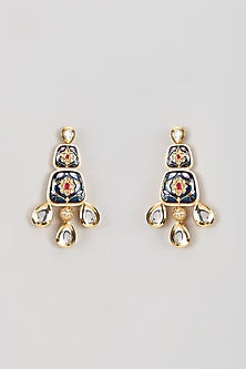 Gold Finish Kundan Polki Blue Meenakari Dangler Earrings