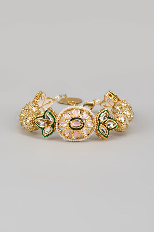 Gold Finish Kundan Polki & Pearl Cuff