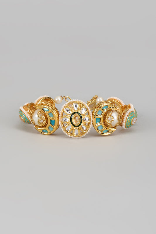 Gold Finish Kundan Polki Aqua Meenakari Cuff