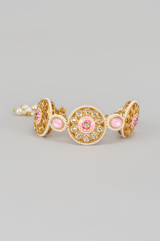 Gold Finish Pink Kundan Polki & Handprinted Meenakari Cuff