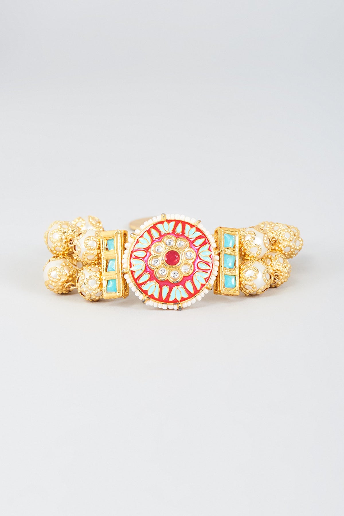 Gold Finish Coral & Turquoise Stone Cuff Bracelet