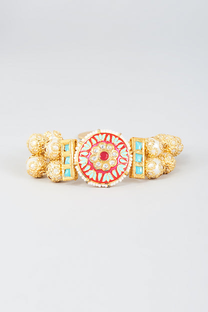 Gold Finish Coral & Turquoise Stone Cuff Bracelet