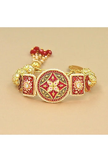 Gold Finish Red & Grey Meenakari Openable Bracelet