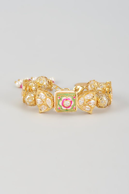 Gold Finish Kundan Polki & Pearl Meenakari Cuff