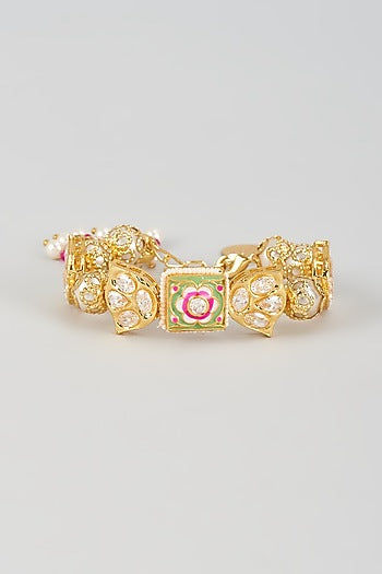 Gold Finish Kundan Polki & Pearl Meenakari Cuff