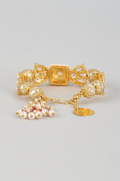Gold Finish Kundan Polki & Pearl Meenakari Cuff