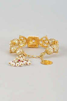 Gold Finish Kundan Polki & Pearl Meenakari Cuff