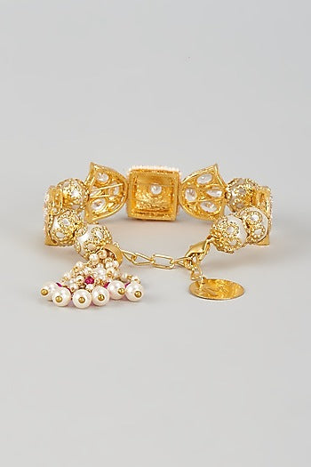Gold Finish Kundan Polki & Pearl Meenakari Cuff
