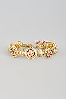 Gold Finish Kundan Polki & Pearl Meenakari Cuff