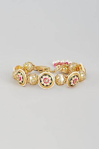Gold Finish Kundan Polki & Pearl Meenakari Cuff