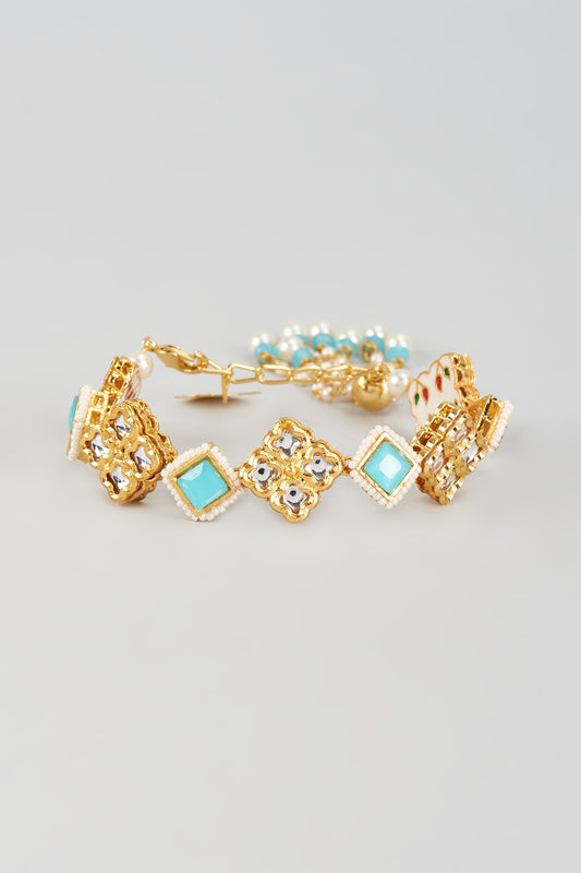 Gold Finish Kundan Polki & Blue Stone Cuff