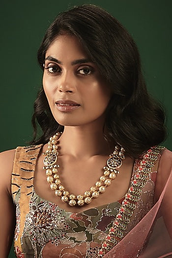 Gold Finish Kundan Polki & Pearl Meenakari Layered Necklace