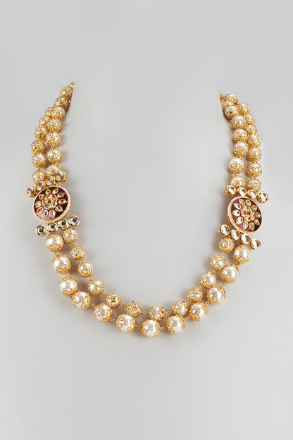 Gold Finish Kundan Polki & Pearl Meenakari Layered Necklace