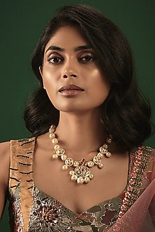 Gold Finish Kundan Polki & Pearl Meenakari Necklace