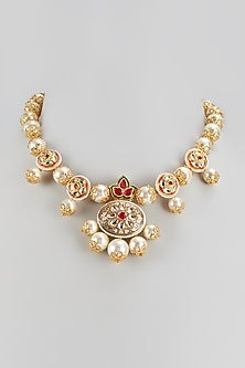 Gold Finish Kundan Polki & Pearl Meenakari Necklace