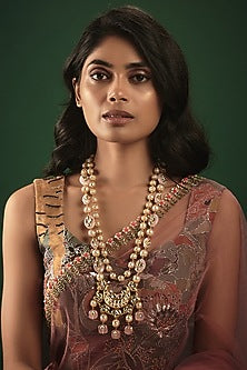 Gold Finish Kundan Polki & Pearl Meenakari Long Necklace