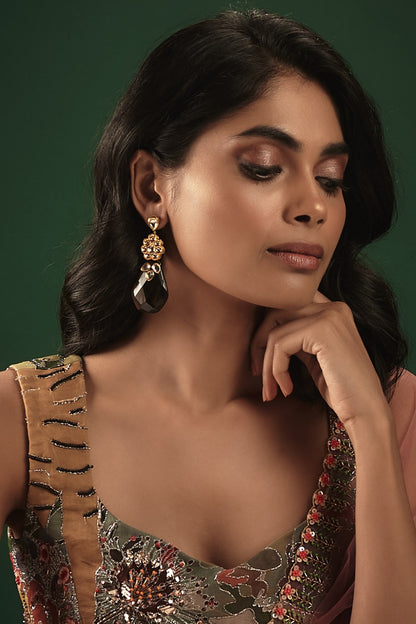 Gold Finish Kundan Polki & Brown Topaz Dangler Earrings