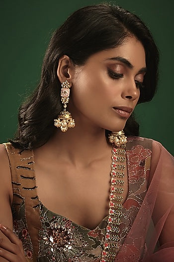 Gold Finish Kundan Polki Meenakari Jhumka Earrings