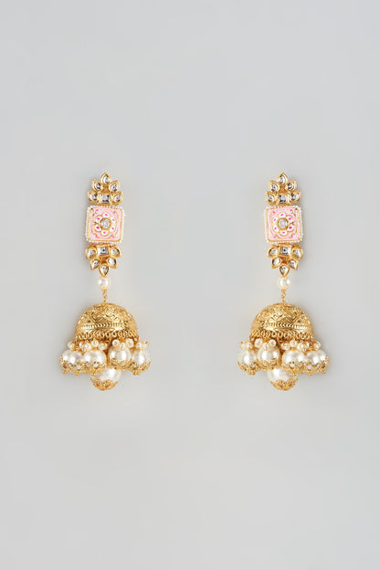 Gold Finish Kundan Polki Meenakari Jhumka Earrings