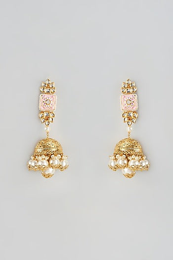 Gold Finish Kundan Polki Meenakari Jhumka Earrings