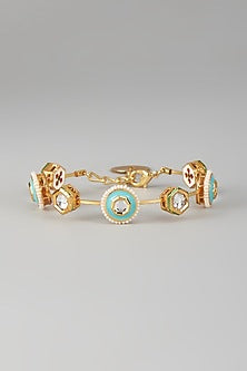 Gold Finish Kundan Polki & Turquoise Stone Meenakari Bangle