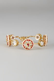 Gold Finish Kundan Polki & Red Stone Meenakari Bangle