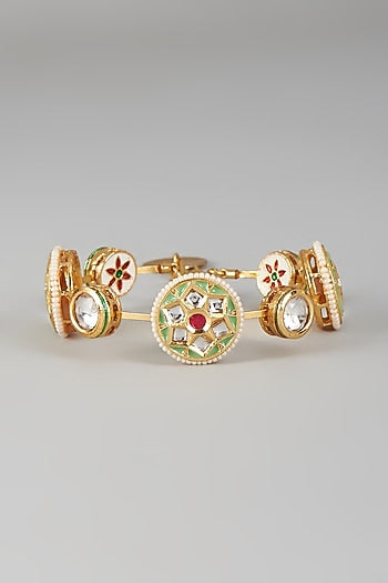 Gold Finish Kundan Polki & Light Green Stone Meenakari Bangle