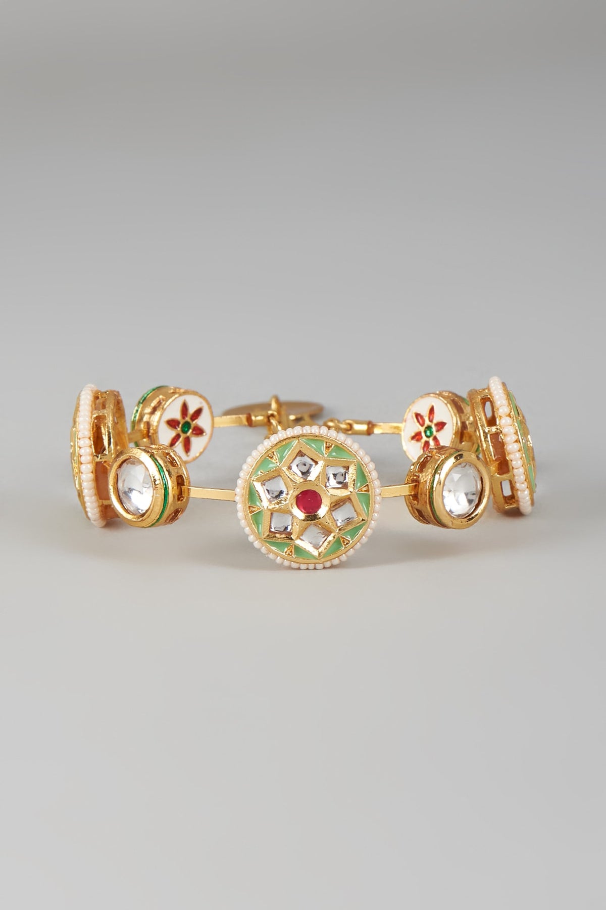 Gold Finish Kundan Polki & Light Green Stone Meenakari Bangle