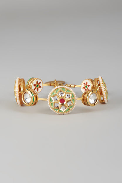 Gold Finish Kundan Polki & Light Green Stone Meenakari Bangle