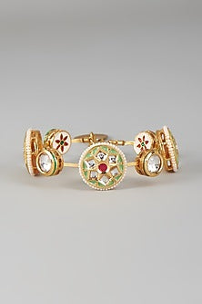Gold Finish Kundan Polki & Light Green Stone Meenakari Bangle