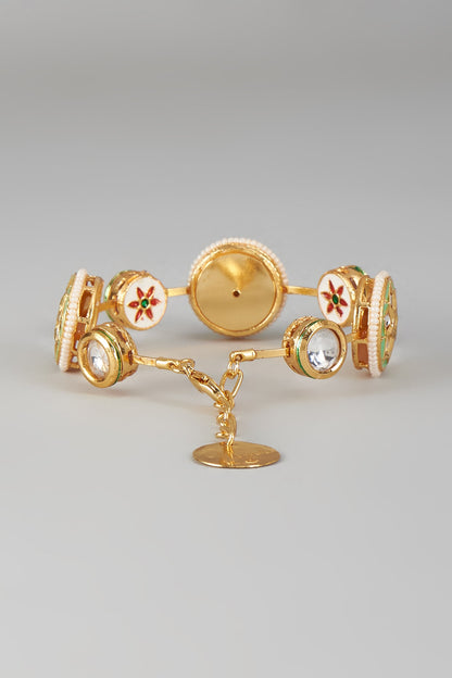 Gold Finish Kundan Polki & Light Green Stone Meenakari Bangle