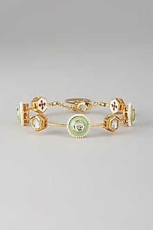 Gold Finish Kundan Polki & Light Green Stone Meenakari Bangle