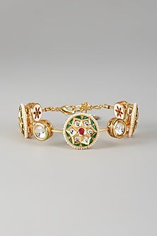 Gold Finish Kundan Polki & Dark Green Stone Meenakari Bangle