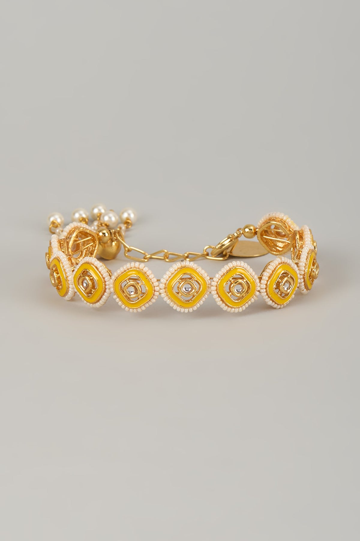 Gold Finish Kundan Polki Meenakari Hand Painted Bracelet