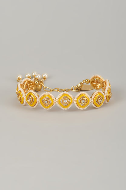Gold Finish Kundan Polki Meenakari Hand Painted Bracelet