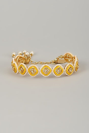 Gold Finish Kundan Polki Meenakari Hand Painted Bracelet