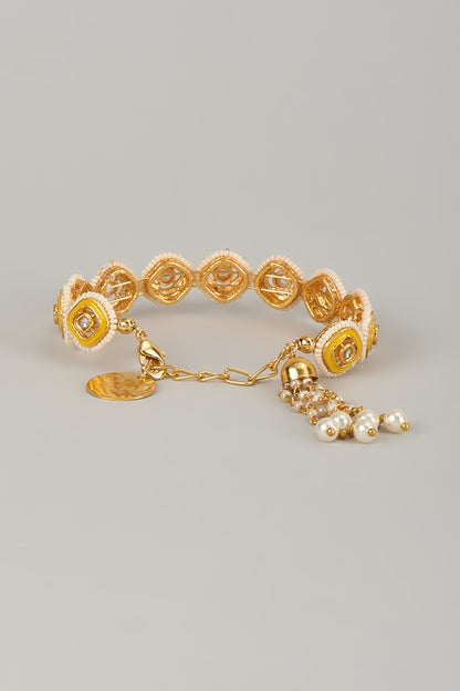 Gold Finish Kundan Polki Meenakari Hand Painted Bracelet