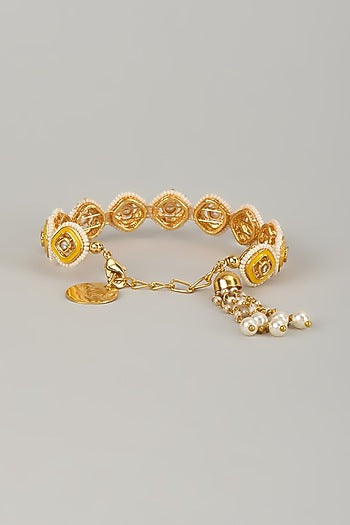 Gold Finish Kundan Polki Meenakari Hand Painted Bracelet