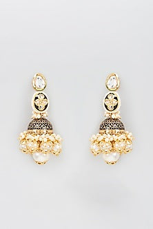 Gold Finish Kundan Polki Meenakari Jhumka Earrings