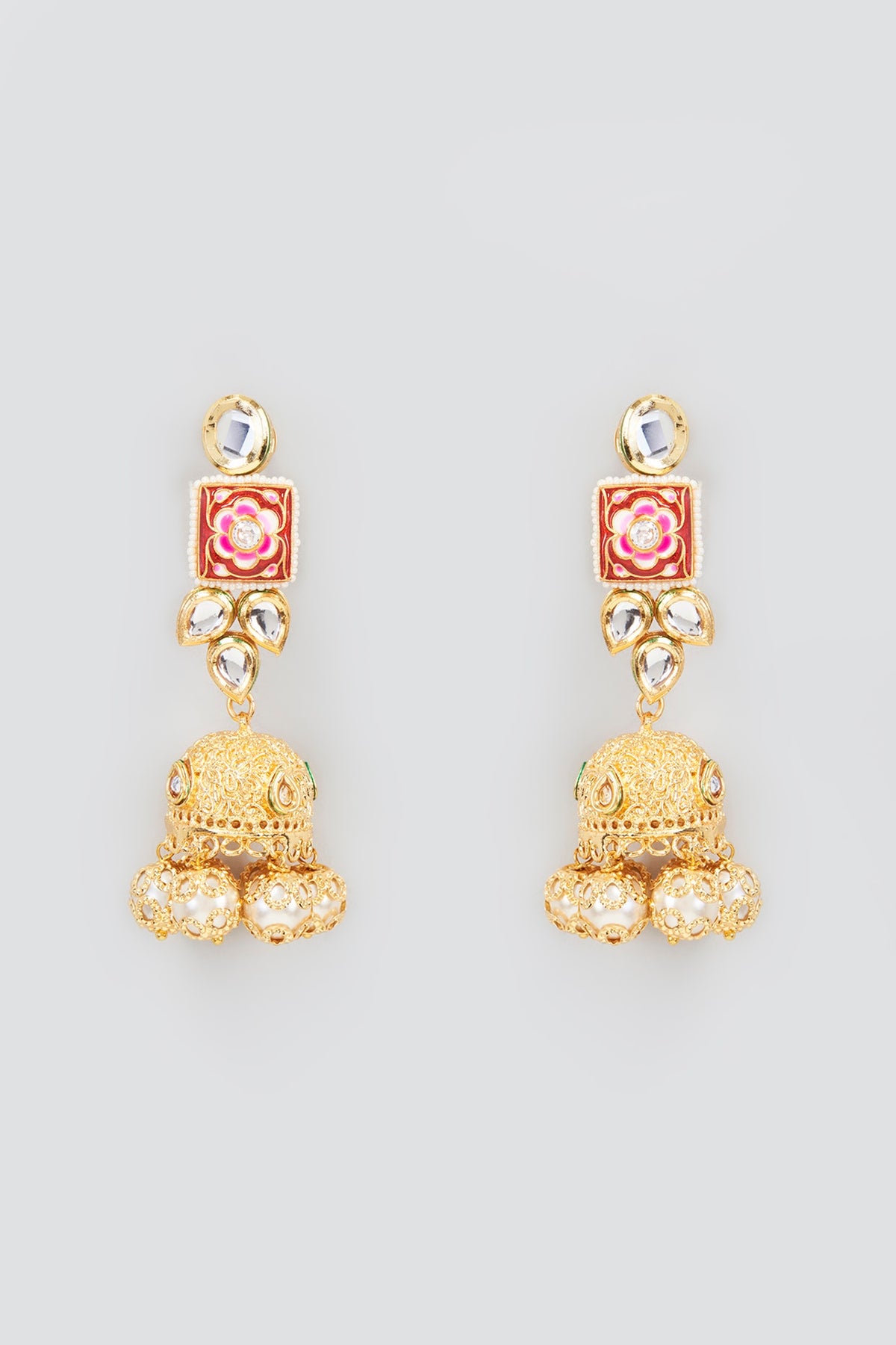 Gold Finish Kundan Polki & Pearl Meenakari Jhumka Earrings