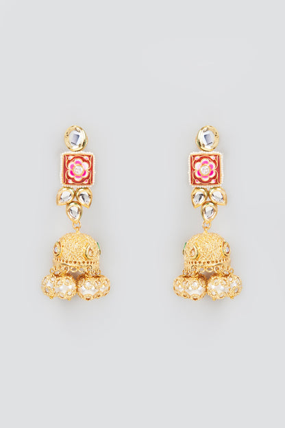 Gold Finish Kundan Polki & Pearl Meenakari Jhumka Earrings