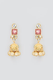 Gold Finish Kundan Polki & Pearl Meenakari Jhumka Earrings