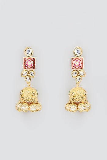 Gold Finish Kundan Polki & Pearl Meenakari Jhumka Earrings