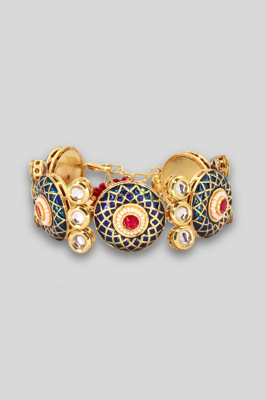 Gold Anti-Tarnish Finish Kundan Polki Blue Meenakari Openable Cuff