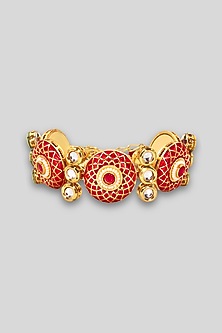 Gold Anti-Tarnish Finish Kundan Polki Red Meenakari Openable Cuff