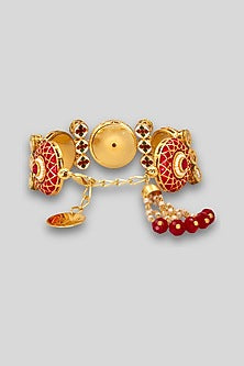 Gold Anti-Tarnish Finish Kundan Polki Red Meenakari Openable Cuff