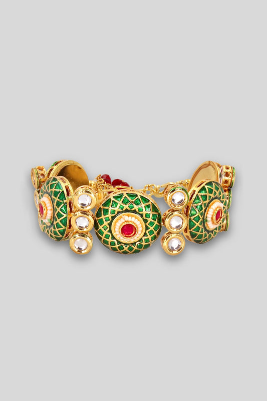 Gold Anti-Tarnish Finish Kundan Polki Green Meenakari Openable Cuff