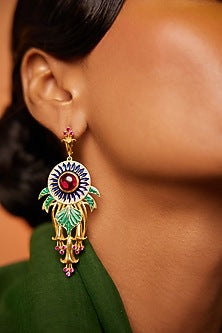 Gold Finish Floral Dangler Earrings In Sterling Silver