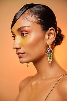 Gold Finish Floral Dangler Earrings In Sterling Silver