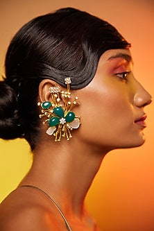 Gold Finish Green & White Stone Ear Cuff In Sterling Silver